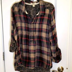 Plaid and floral mixed print top